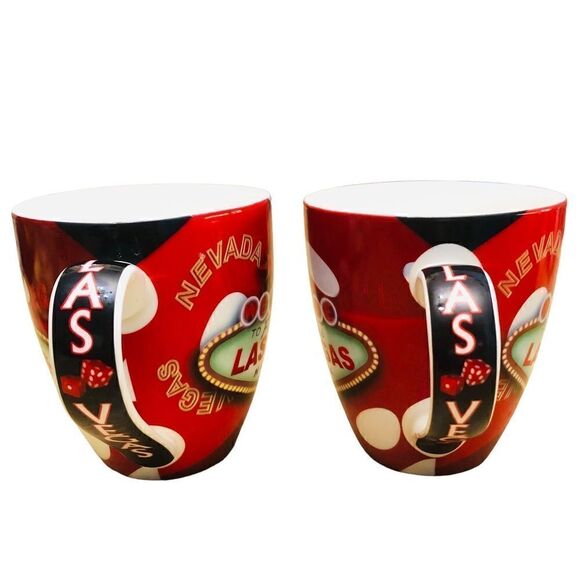 Set Of 2 LasVegas Red Ceramic Graphic Las Vegas Oversize Coffee Cup Mugs - Picture 3 of 8
